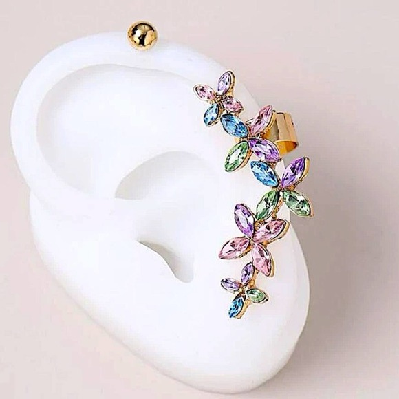 Gold Multicolor Flower Ear Cuff Climber Earring - Picture 2 of 6